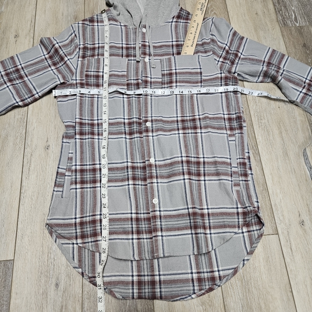 Pacsun Hooded Grey Plaid Button Up Oversize Flannel Shacket Jacket Womens Small - Picture 2 of 13